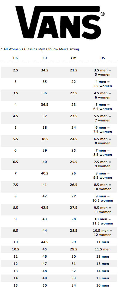 womens vans shoe size chart